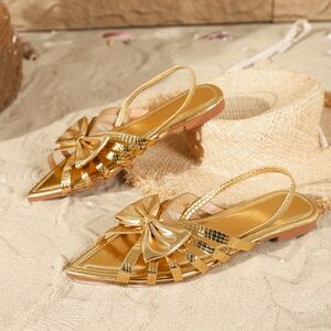 BEAUDRM Metallic Bow Point Toe Slingback Sandals